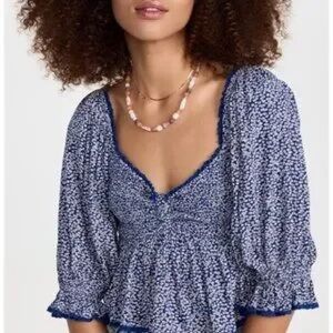 Free People Navy Floral Blouse